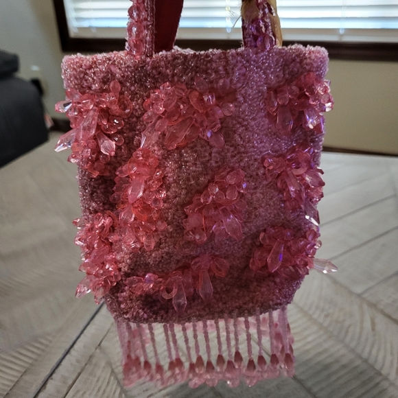 Handcrafted Beaded Bag Made in India Viral TikTok Purse Pink Floral Boho Fringe - Picture 5 of 12